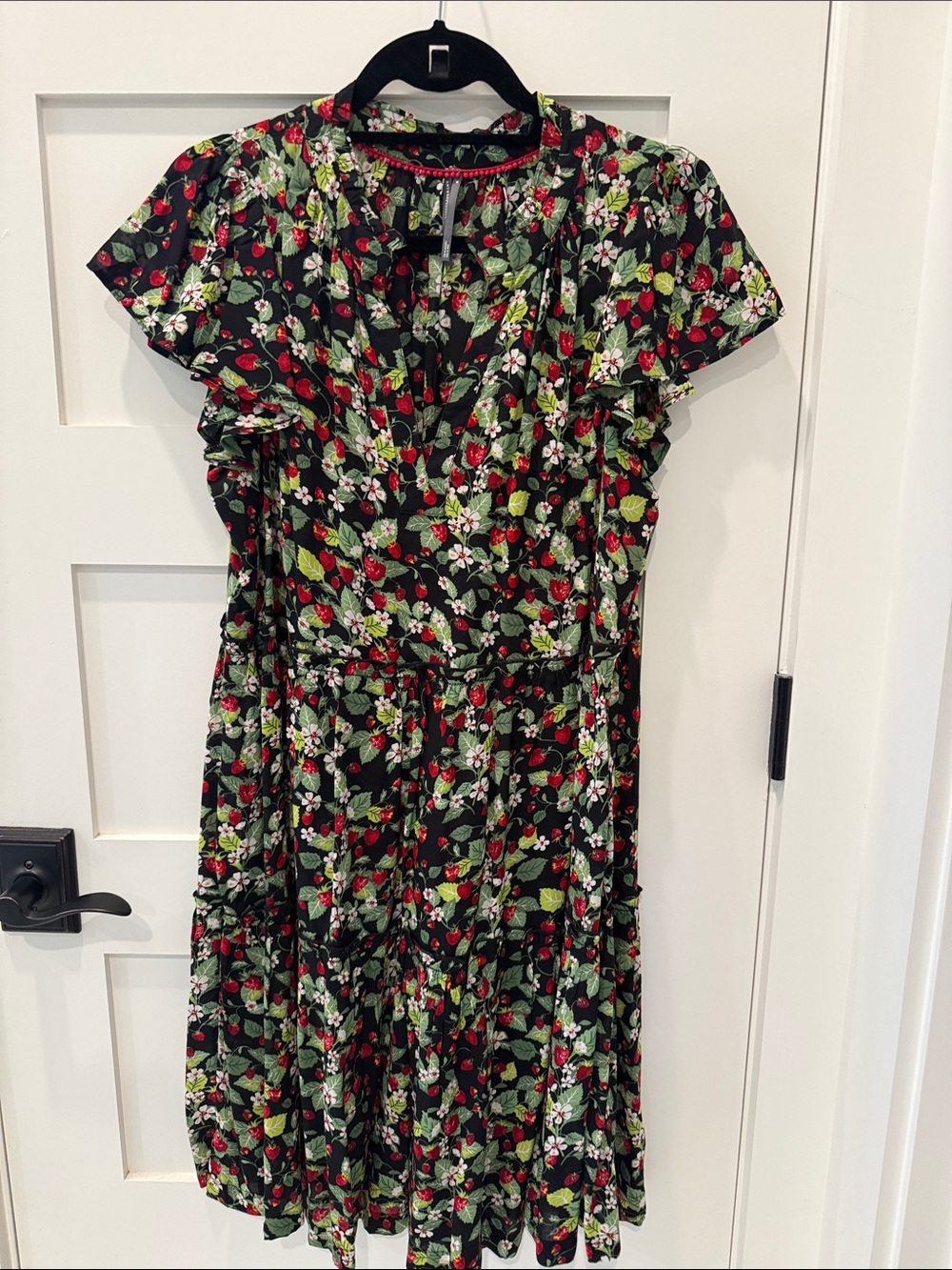Anthropologie Black Floral Strawberry Print Dress unlined